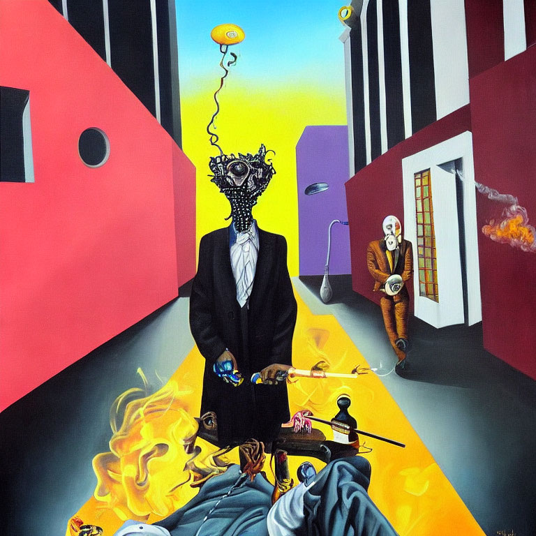 Surreal Painting: Figure in Suit with Tangled Lines, Purple Door, Fiery Lap,