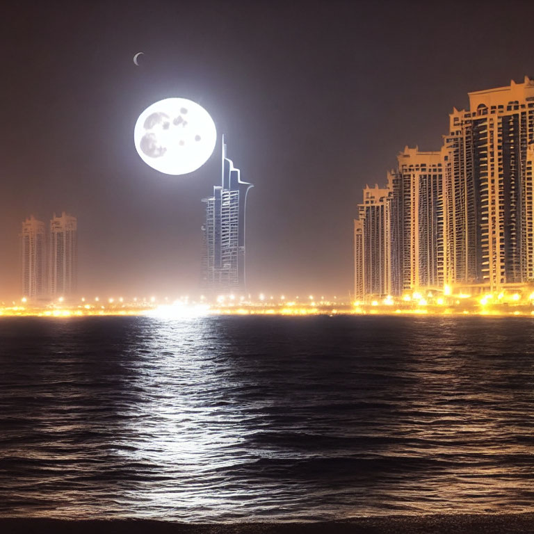 Cityscape with illuminated buildings under crescent moon