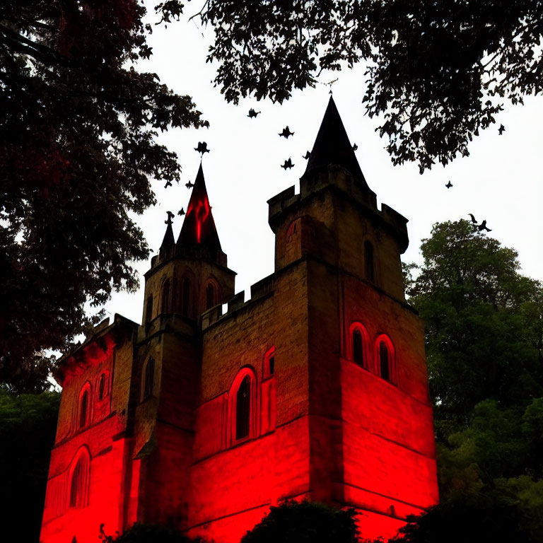 Gothic castle at dusk with red lights, bats, and trees