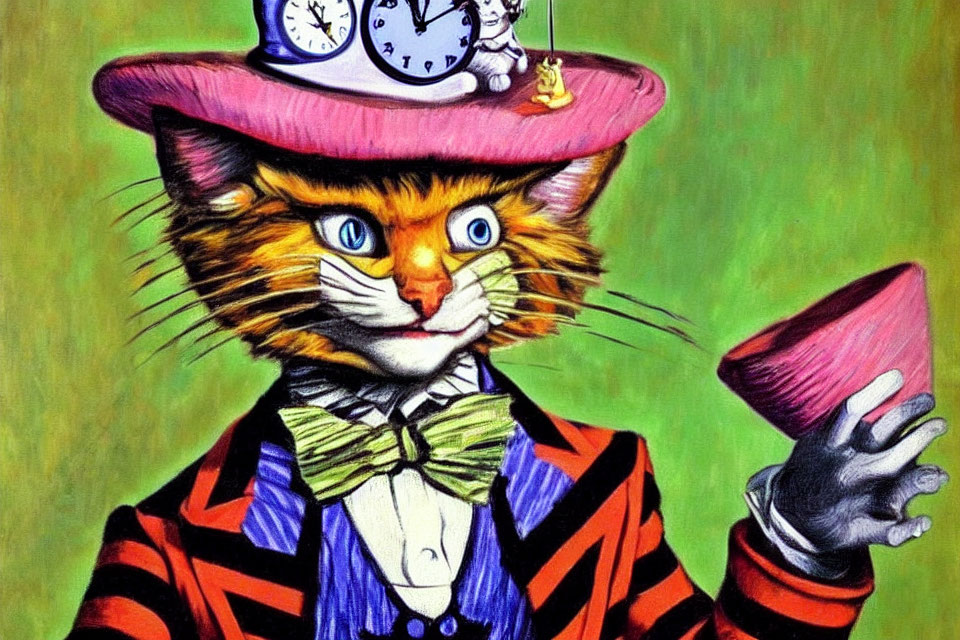 Cat with human-like features in dapper attire holding pocket watch