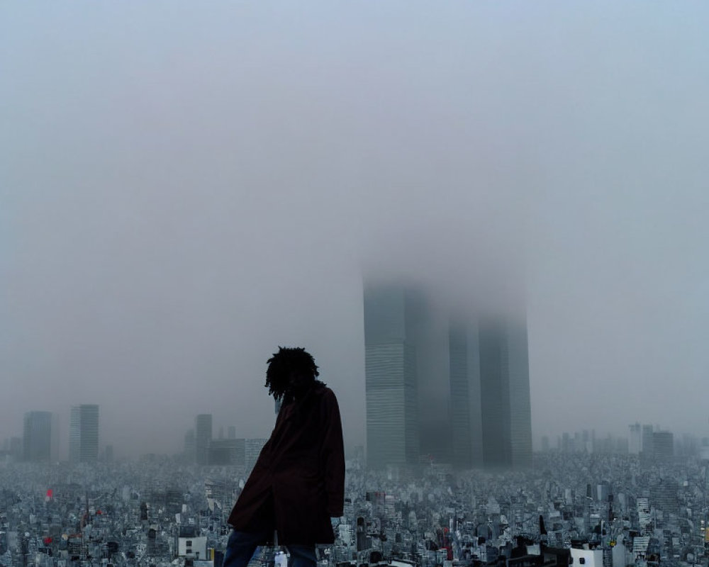 Person overlooking foggy cityscape with skyscrapers.