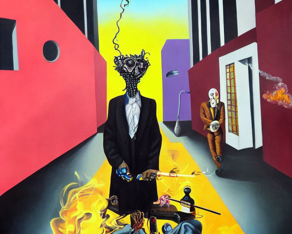 Surreal Painting: Figure in Suit with Tangled Lines, Purple Door, Fiery Lap,