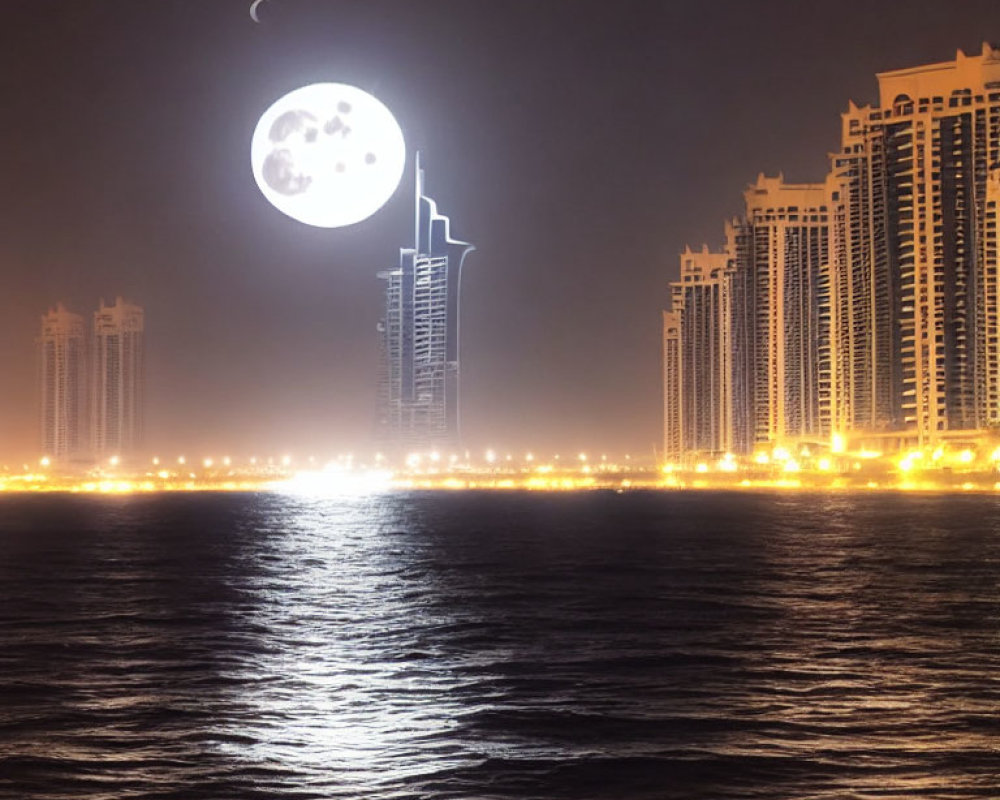 Cityscape with illuminated buildings under crescent moon