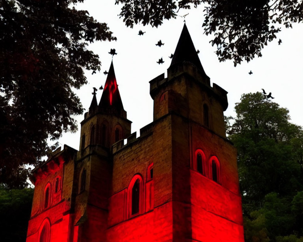 Gothic castle at dusk with red lights, bats, and trees