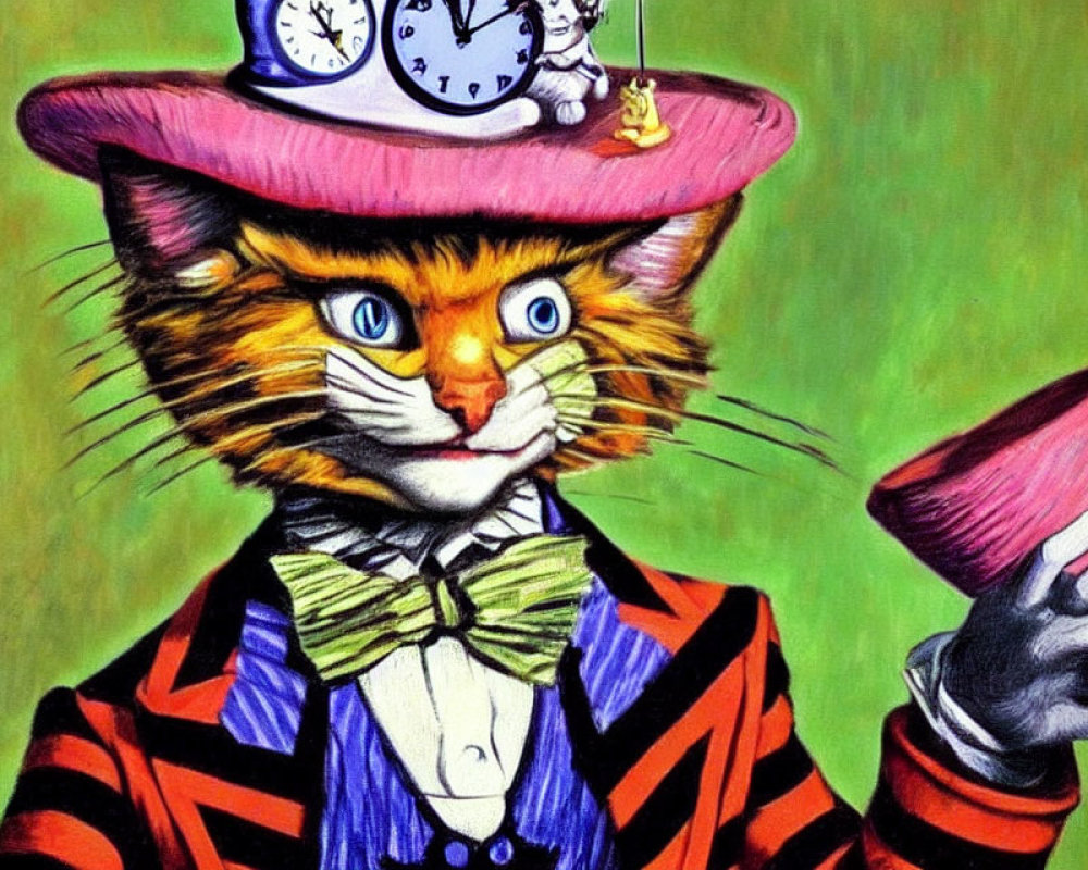 Cat with human-like features in dapper attire holding pocket watch