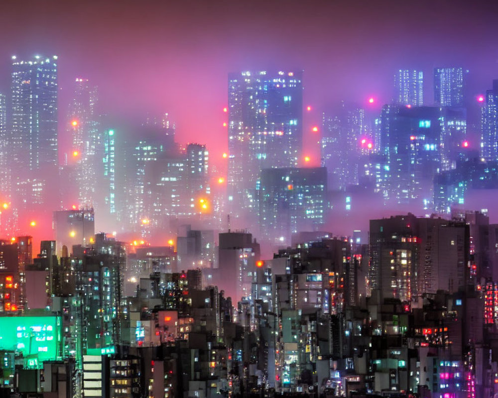 Vibrant neon-lit nighttime cityscape with purple and pink fog