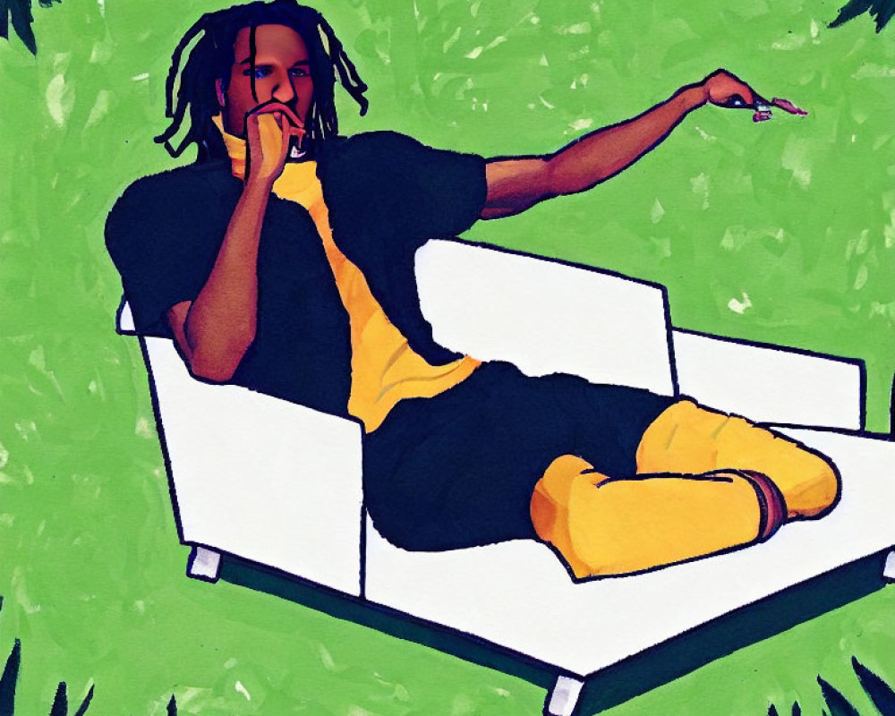 Relaxed person in black and yellow outfit on white couch against green background