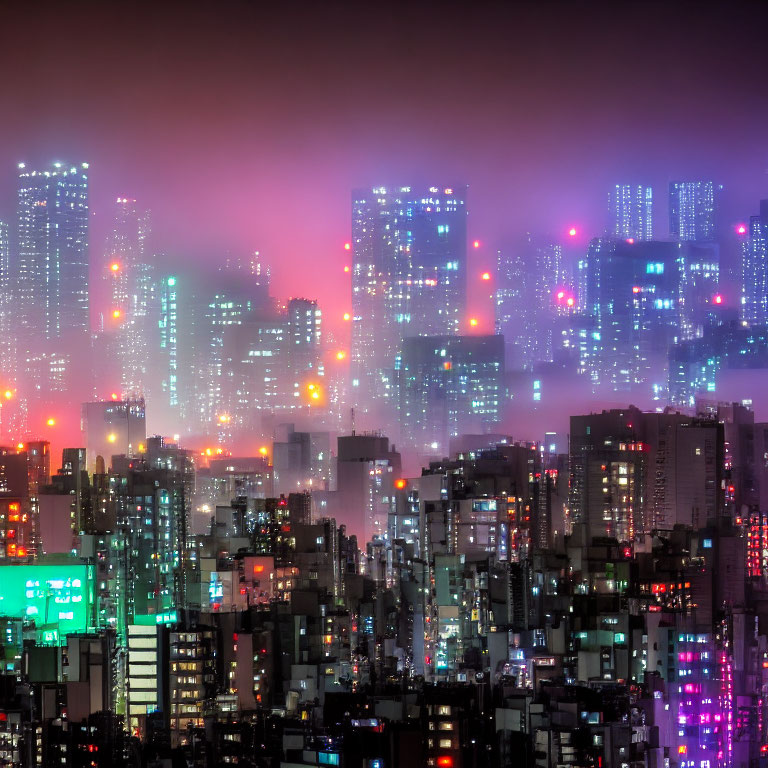 Vibrant neon-lit nighttime cityscape with purple and pink fog