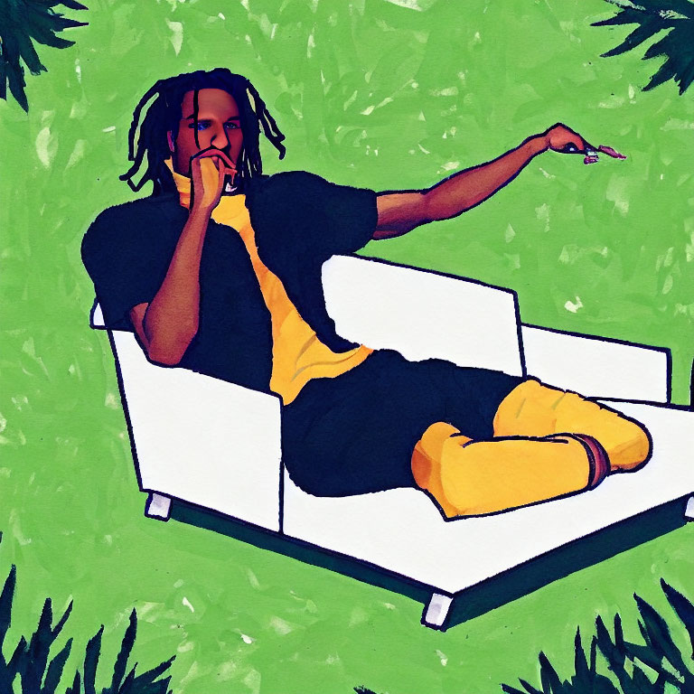 Relaxed person in black and yellow outfit on white couch against green background