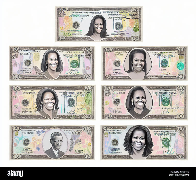 US Dollar Bills with President's Face Replaced by Smiling Woman's Face