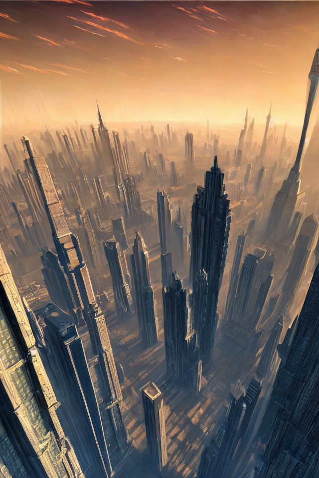 Futuristic cityscape with towering skyscrapers at sunset