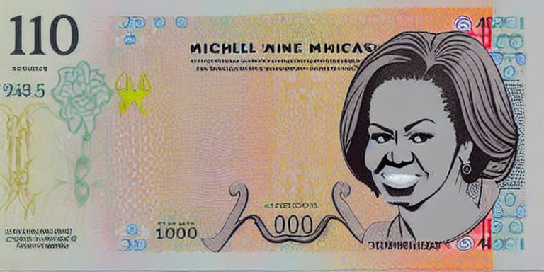 Colorful Banknote with Smiling Woman Portrait and Texts