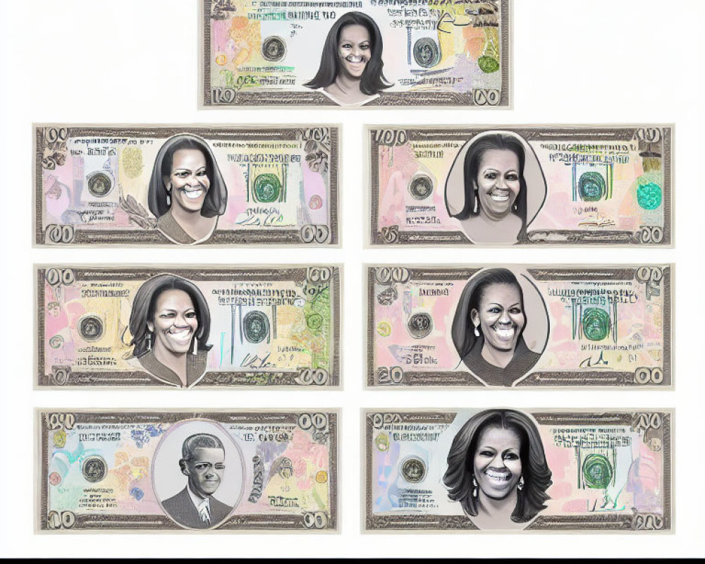 US Dollar Bills with President's Face Replaced by Smiling Woman's Face