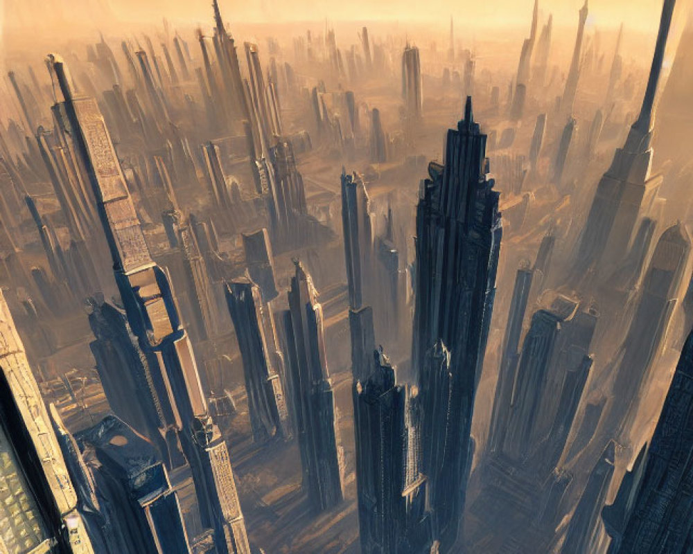 Futuristic cityscape with towering skyscrapers at sunset