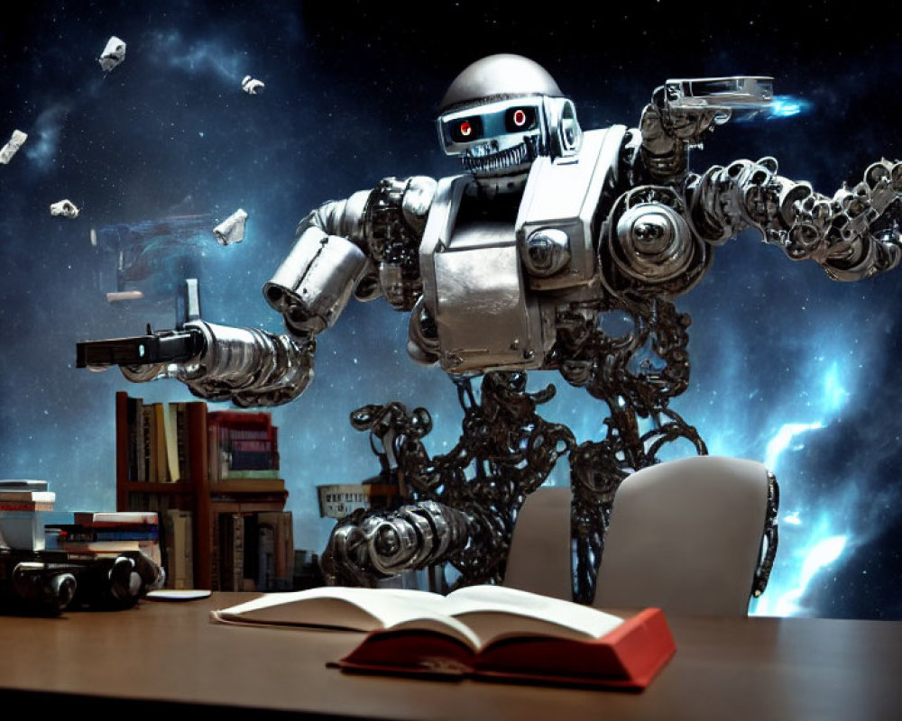 Futuristic robot reading book at space desk with galaxy backdrop