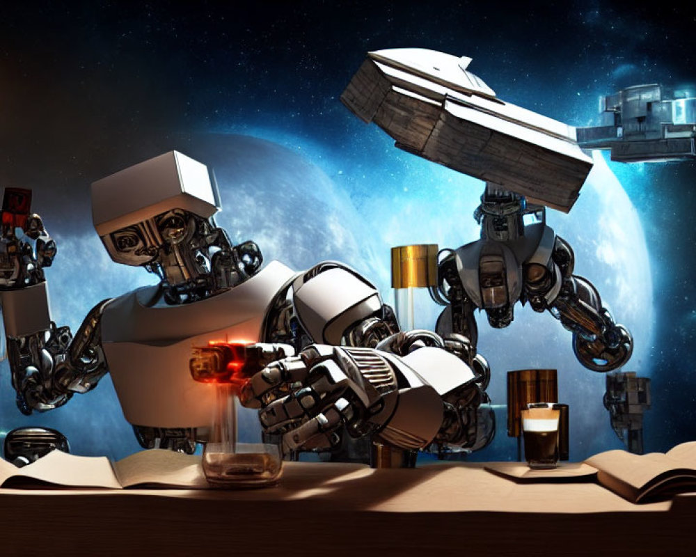 Robot pouring liquid into glass with books, spaceships, and celestial backdrop in sci-fi setting