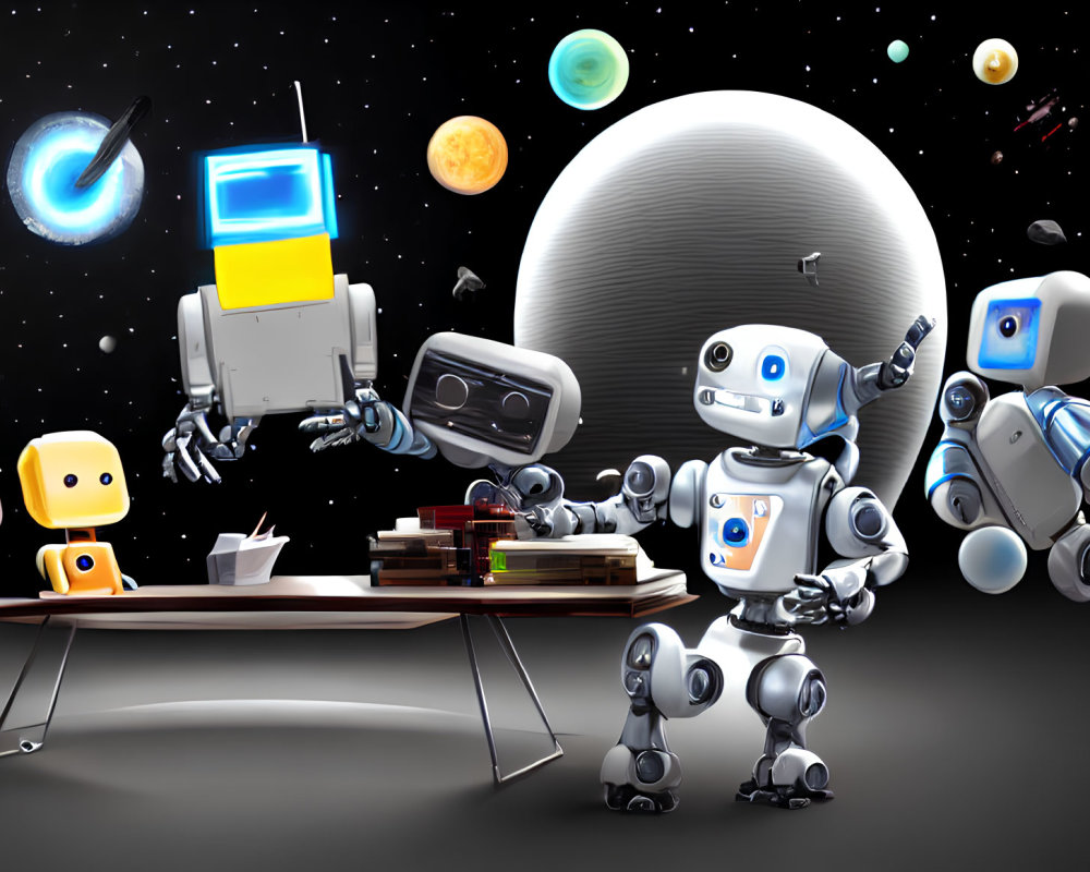 Cartoon robots in space with planets and rocket, reading and serving food