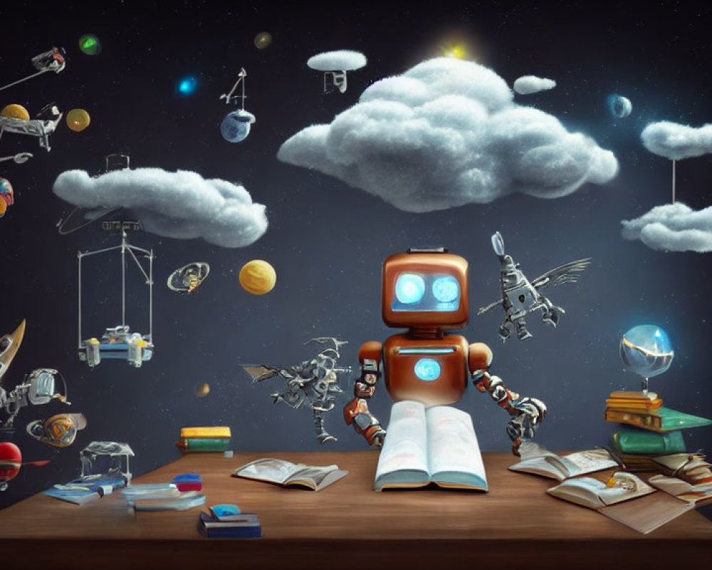 Robot reading book surrounded by floating objects in whimsical scene