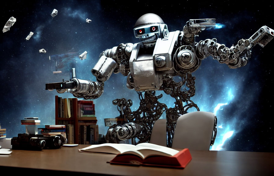 Futuristic robot reading book at space desk with galaxy backdrop