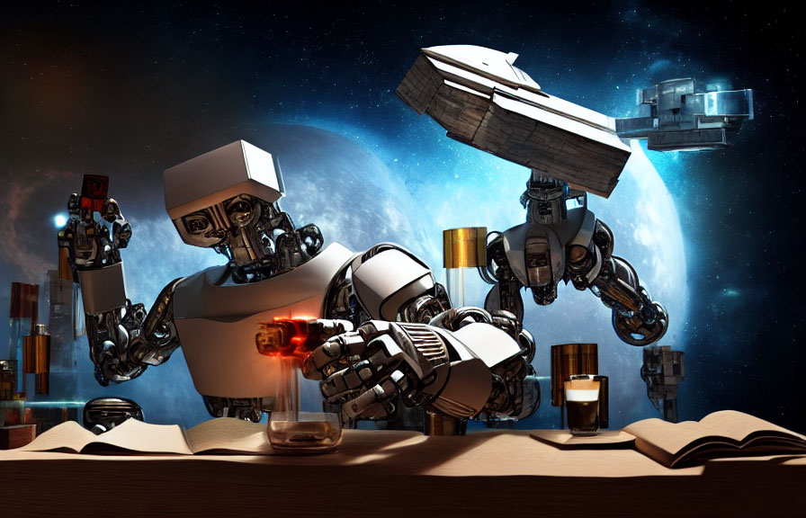 Robot pouring liquid into glass with books, spaceships, and celestial backdrop in sci-fi setting