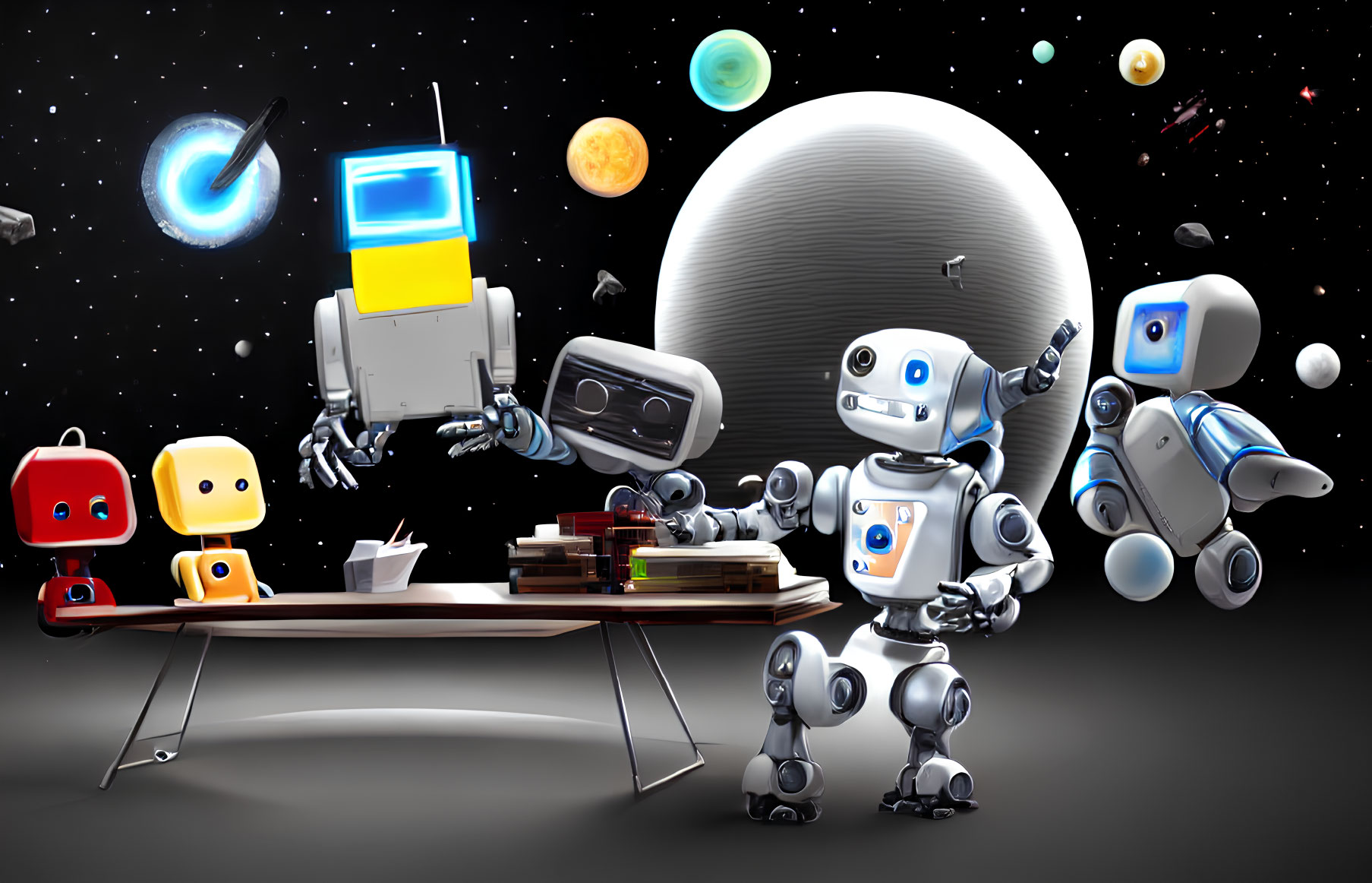 Cartoon robots in space with planets and rocket, reading and serving food