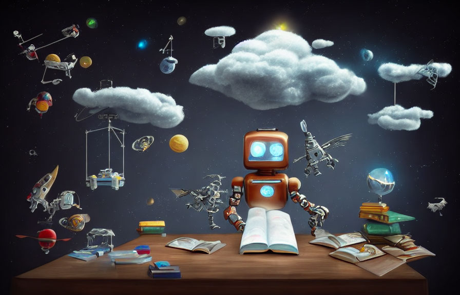 Robot reading book surrounded by floating objects in whimsical scene
