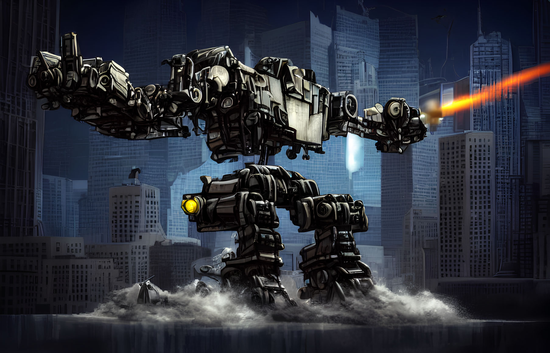 Urban environment: Large bipedal robot wading in water with weapon beam