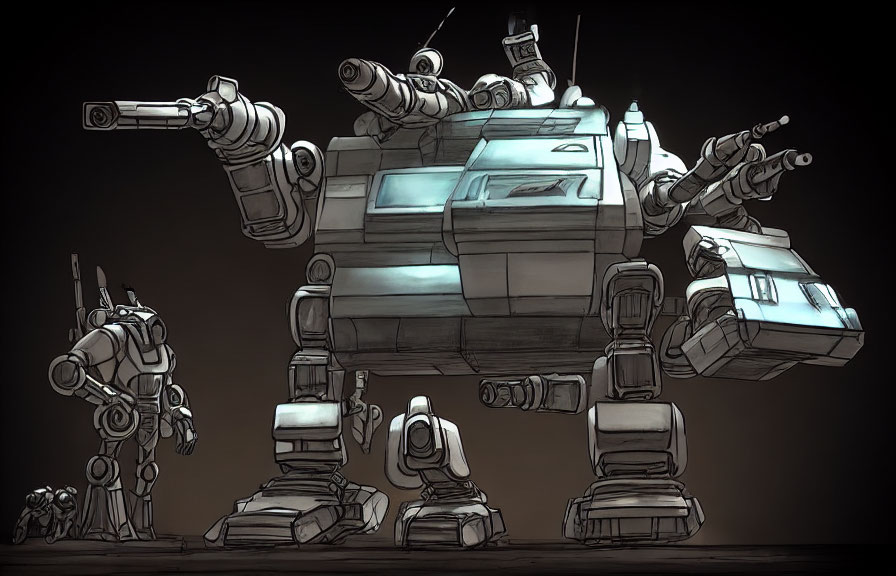 Monochromatic stylized drawing of three futuristic robots with articulated limbs