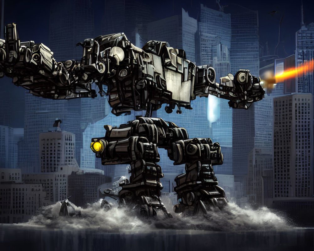 Urban environment: Large bipedal robot wading in water with weapon beam