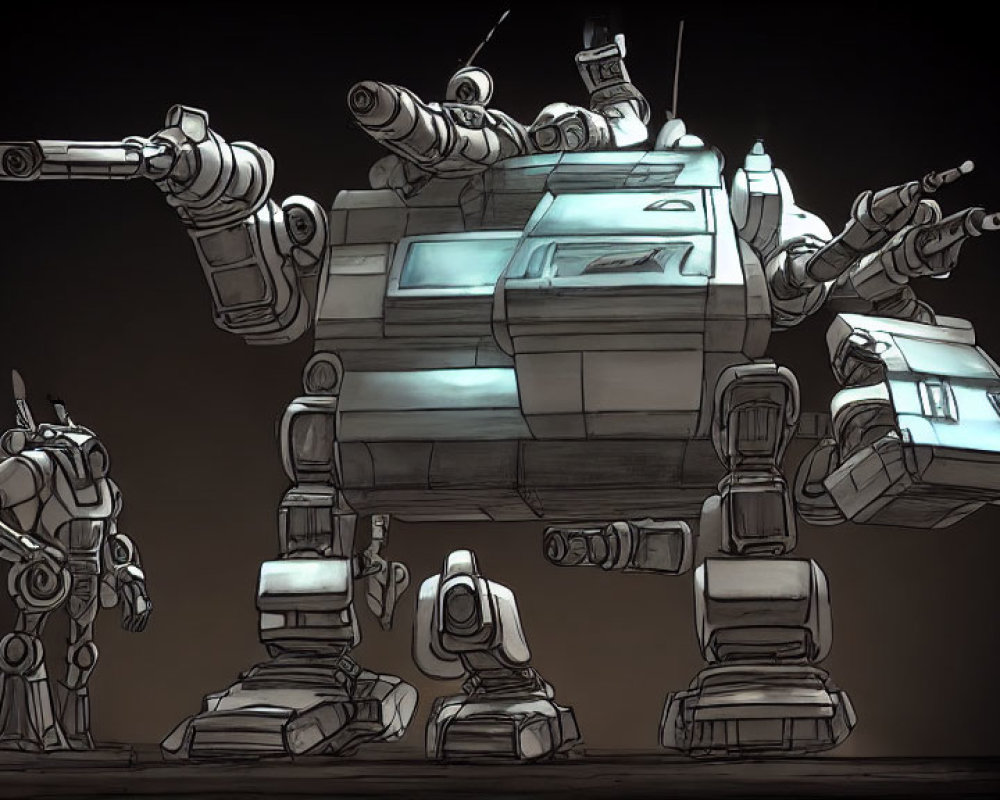 Monochromatic stylized drawing of three futuristic robots with articulated limbs