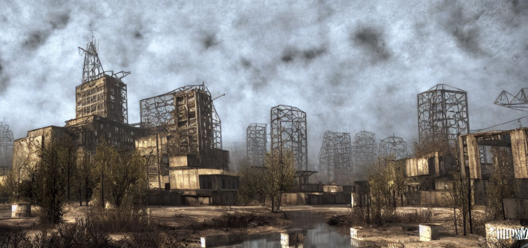 Desolate industrial scene with rusting towers and overcast skies