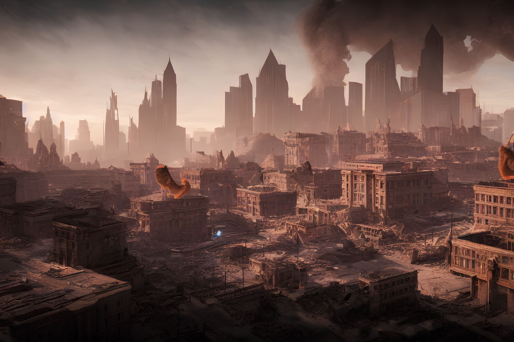 Dystopian cityscape with crumbling buildings and futuristic skyscrapers