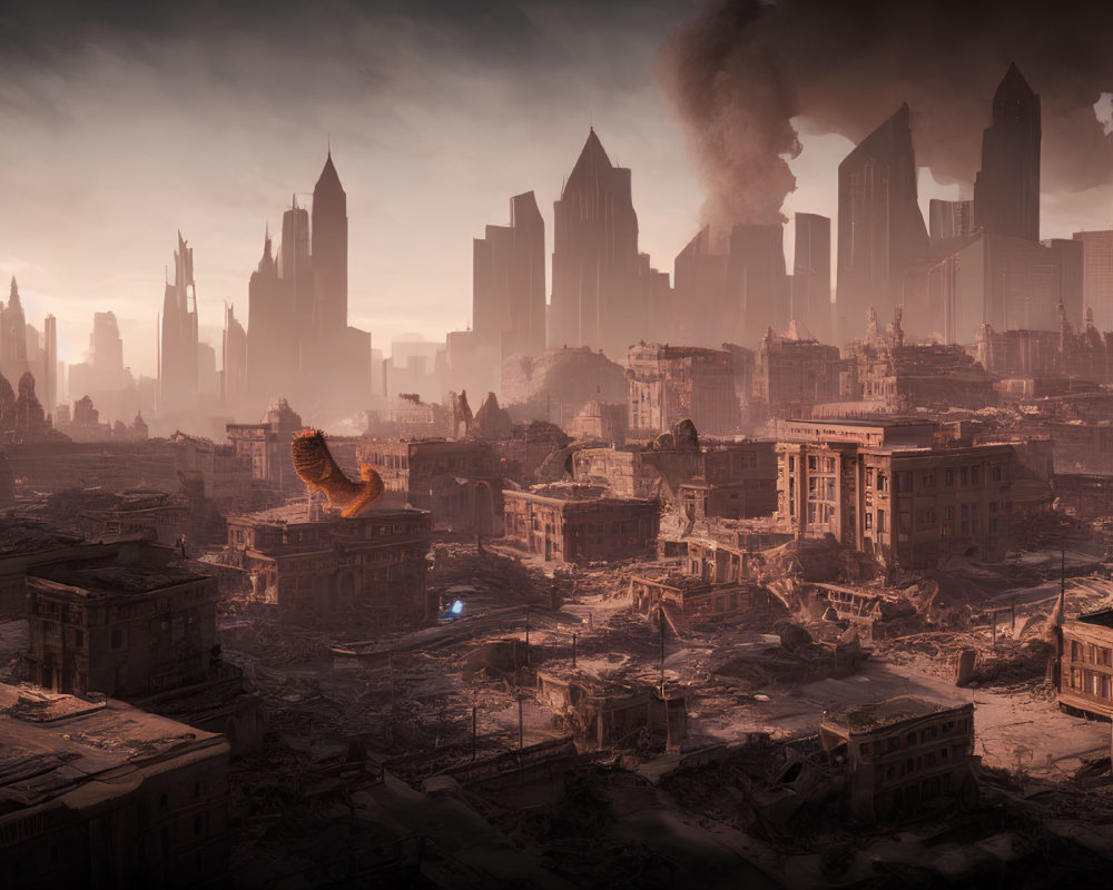 Dystopian cityscape with crumbling buildings and futuristic skyscrapers