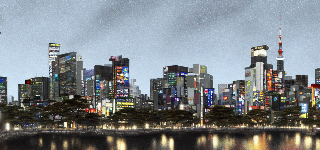 Night City Skyline with Illuminated Skyscrapers and Neon Signs
