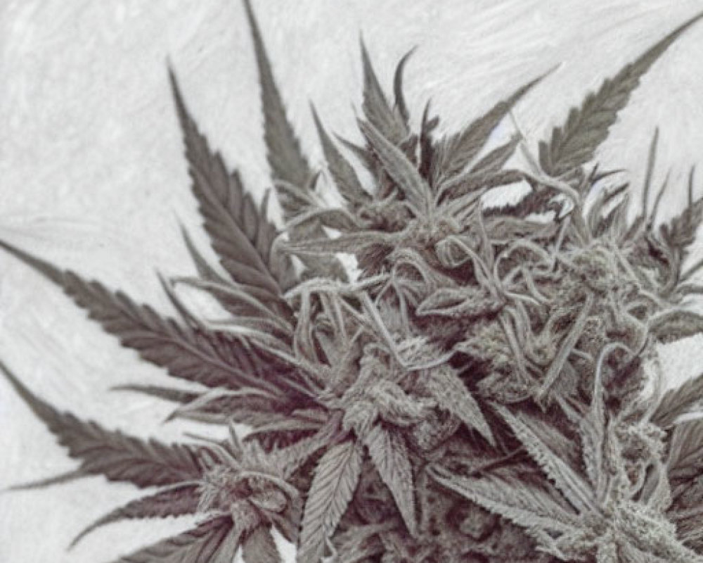 Monochromatic stylized image of detailed cannabis plant.