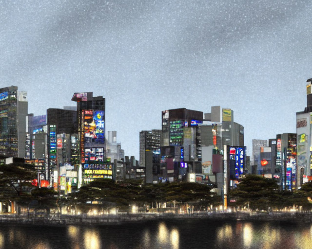Night City Skyline with Illuminated Skyscrapers and Neon Signs