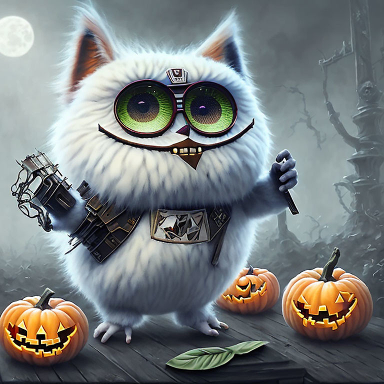 White Cat with Steampunk Goggles and Lantern Among Carved Pumpkins