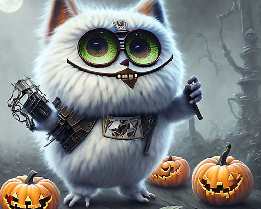 White Cat with Steampunk Goggles and Lantern Among Carved Pumpkins