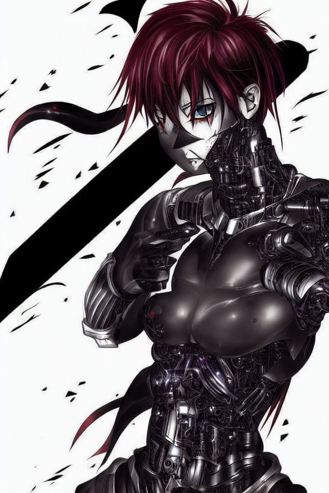 Cyborg with Red Hair and Eye Patch in Detailed Armor, Feathers Background