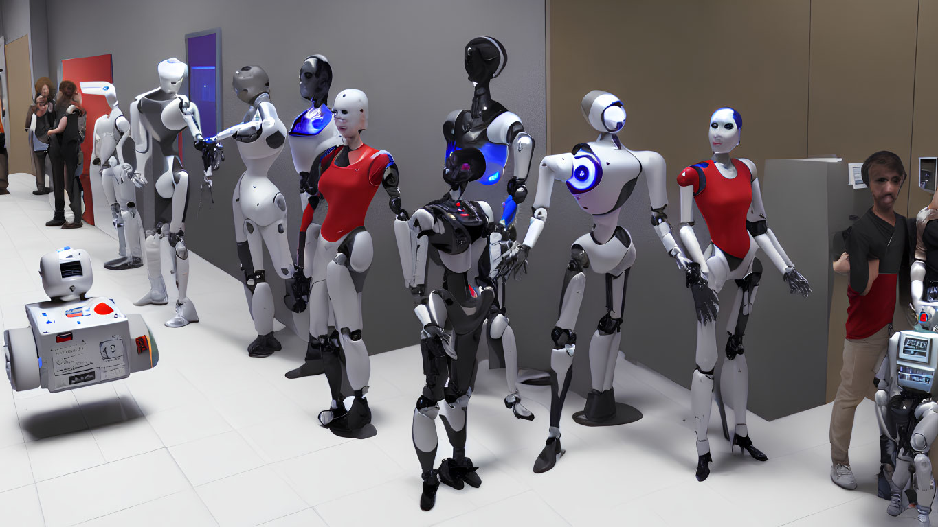 Assorted humanoid robots and a wheeled robot in room setting