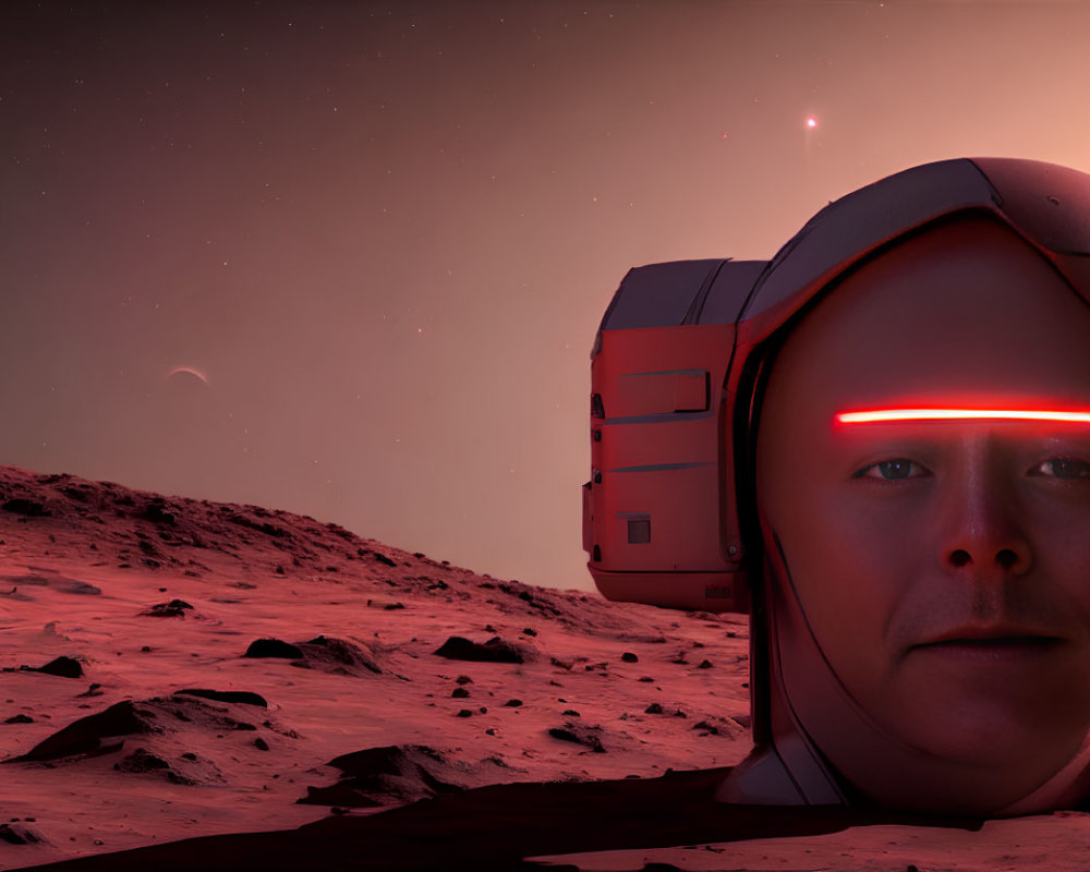 Astronaut's Helmet with Reflective Visor on Mars-Like Landscape