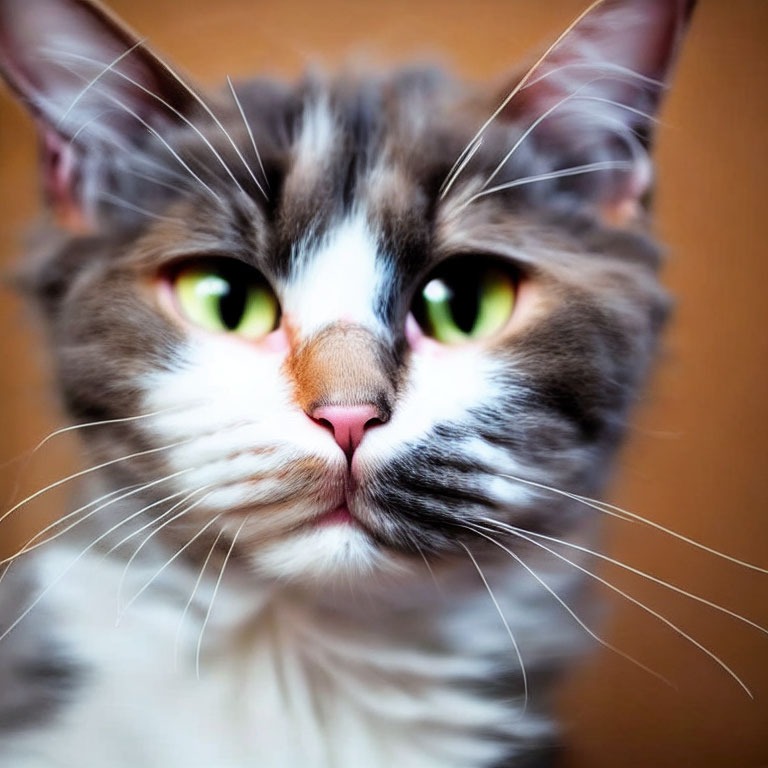 Fluffy cat with green eyes and white/grey fur portrait.