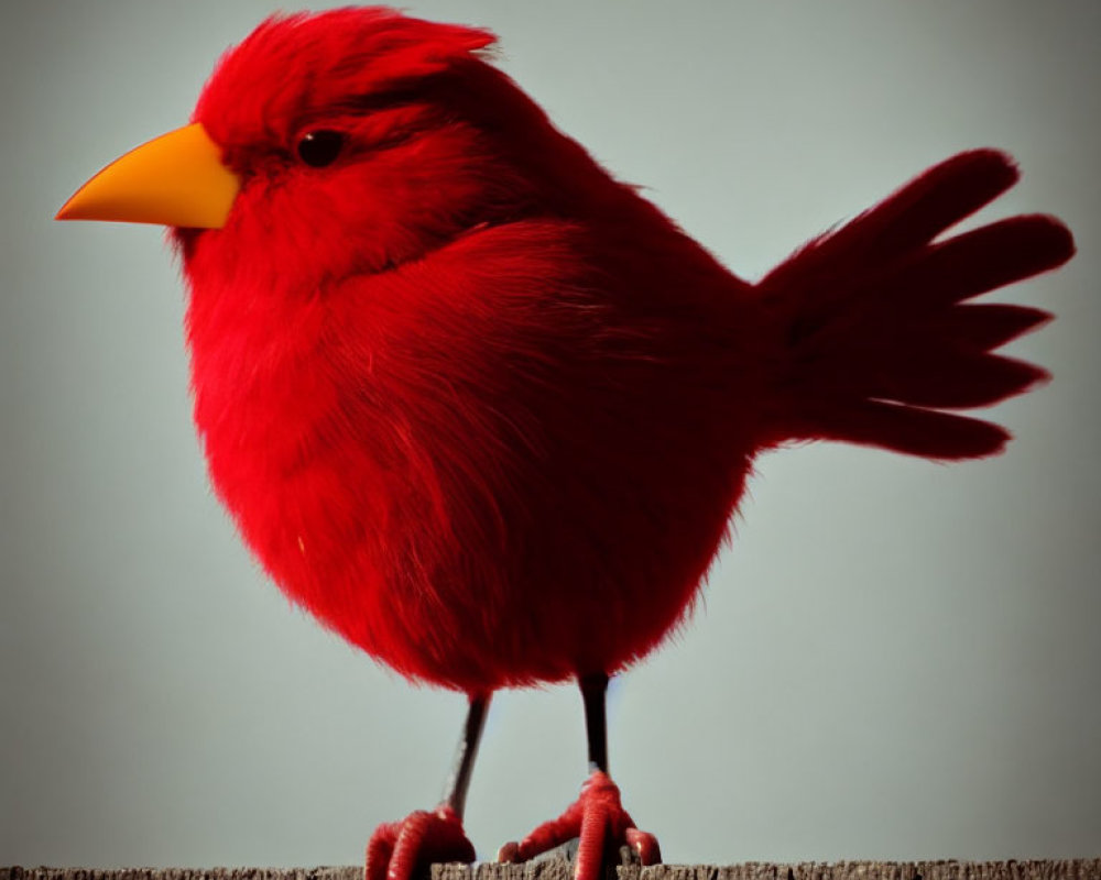 Vibrant red cardinal bird with yellow beak on wooden fence