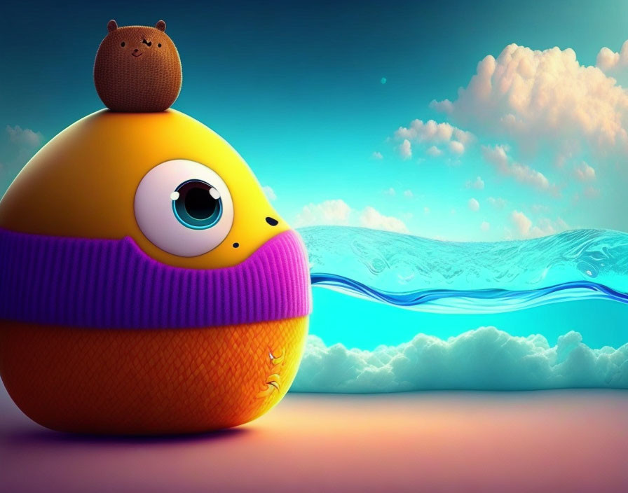 Whimsical orange creature in purple sweater with bear on head against surreal backdrop