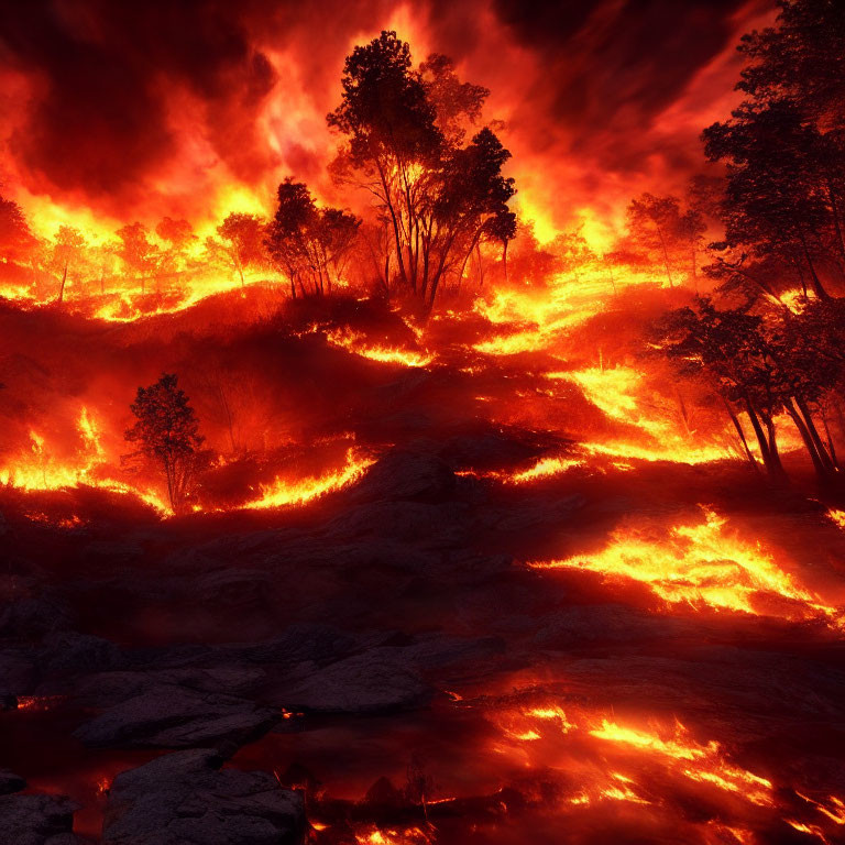 Intense Nighttime Forest Fire with Raging Orange Flames