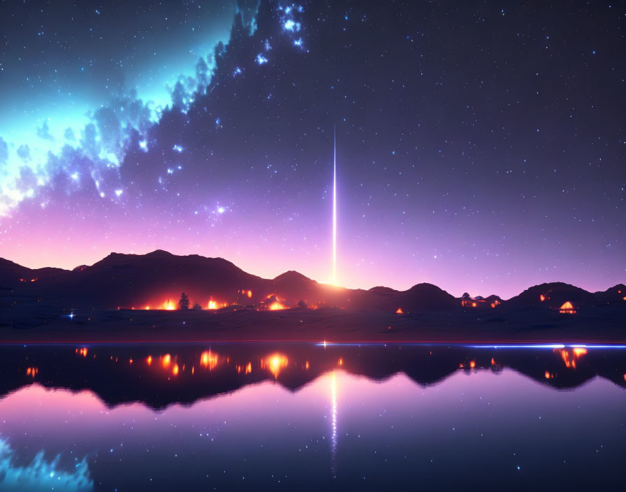 Vibrant aurora and meteor trail over serene nightscape