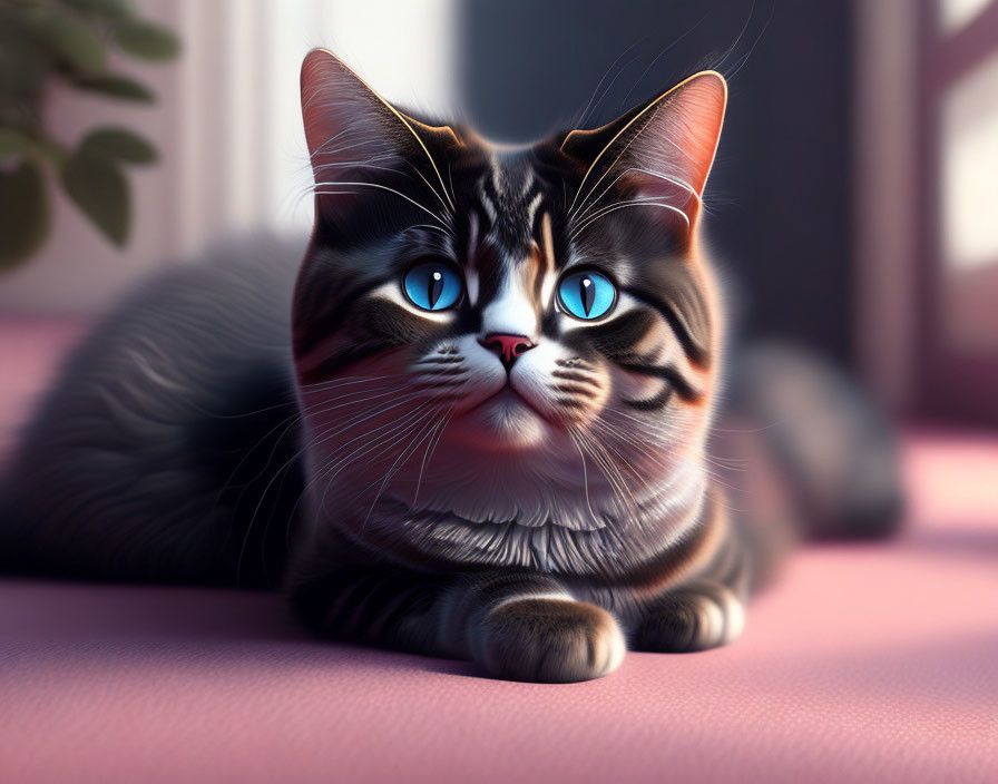 Photorealistic brown tabby cat with blue eyes on pink surface