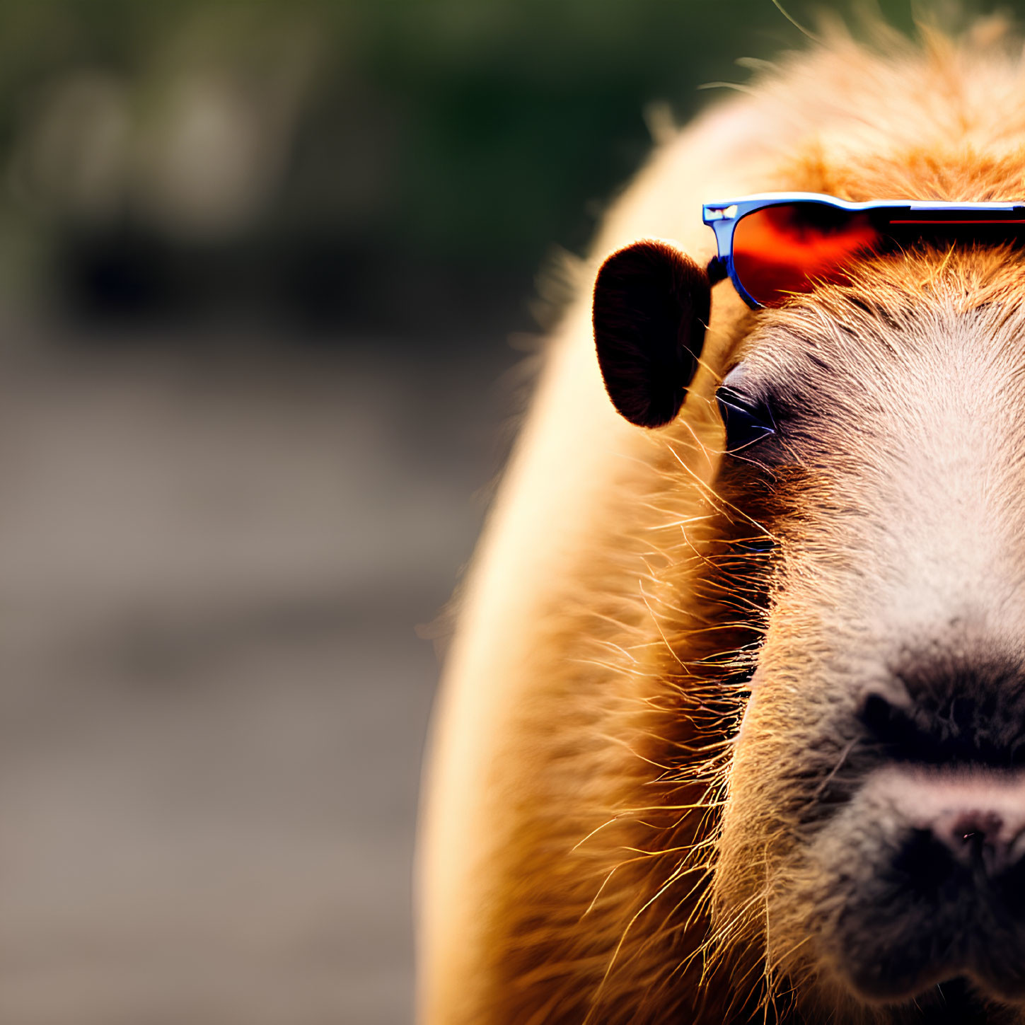 Brown Dog Wearing Blue Sunglasses in Close-Up Shot