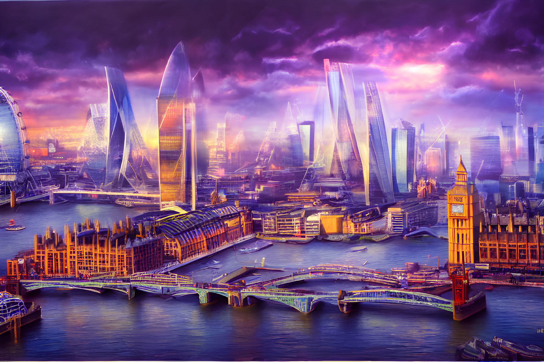 Futuristic cityscape with iconic landmarks and high-rise buildings near waterway