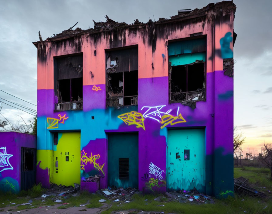 Abandoned two-story building with purple and blue graffiti on walls